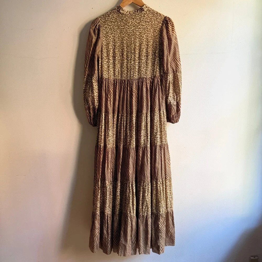 Zimmermann Maxi Cotton Summer Dress Tiered Animal Print Brown Size 0 - Picture 4 of 8